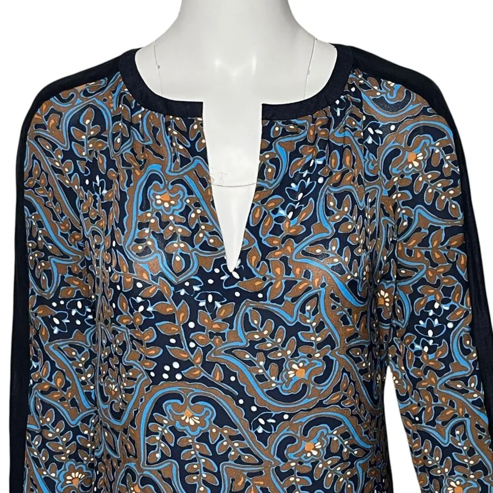 Tory Burch Silk Tunic Shift Dress Size 8 Blue Brown Paisley Print Long Sleeve